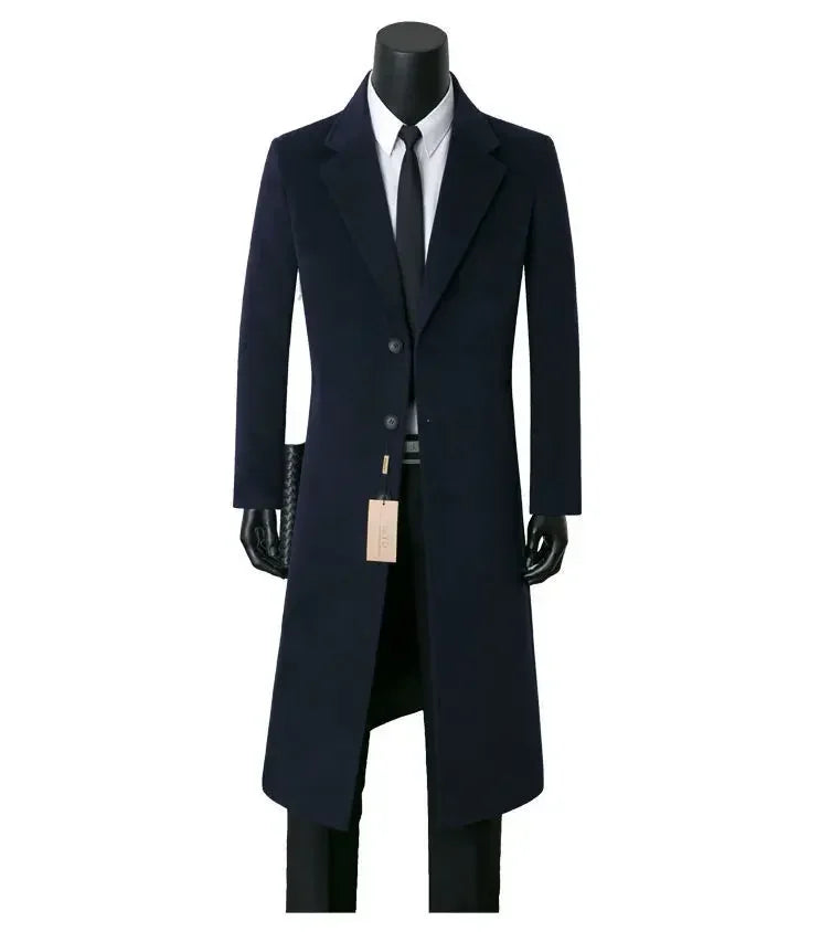 Men's Medium Length Woolen Coat, Business Casual  Warm Windbreaker, Suit Collar, Autumn, Winter