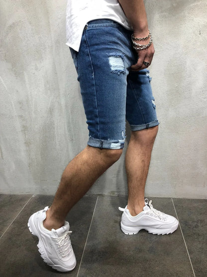 Summer Ripped Jeans Skinny Denim Shorts for Men with Distressed Ripped Cat Whiskers Hip Hop Streetwear Short Pants Men's Pants