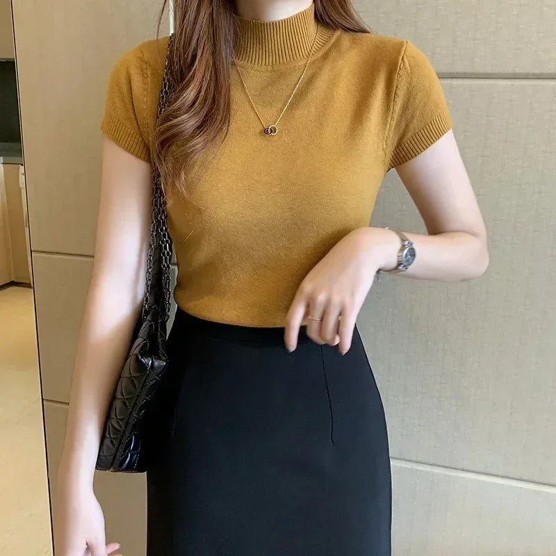Fashion Woman Blouses 2025 Short Sleeve Summer Tops Blouse Women Turtleneck Knitted Blouse Shirt Women's Tops And Blouses