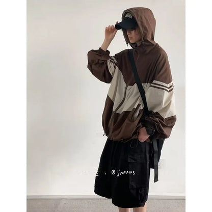 Men Jackets Hooded Baggy Patchwork Contrast Color Fashion Comfortable Waterproof Leisure Daily Retro Outer Japanese Style Chic
