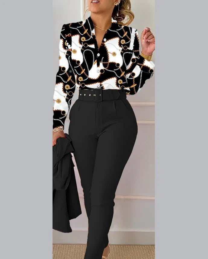 Elegant Women Printed Two Piece Suit Sets Spring Autumn V Neck Long Sleeve Shirt Top & Long Pants Set With Belt Workwear Outfits