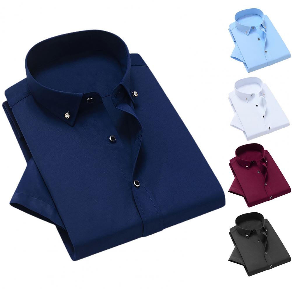 White Men Business Shirt  Pure Colors Breathable Men Shirt Short Sleeve Formal Top