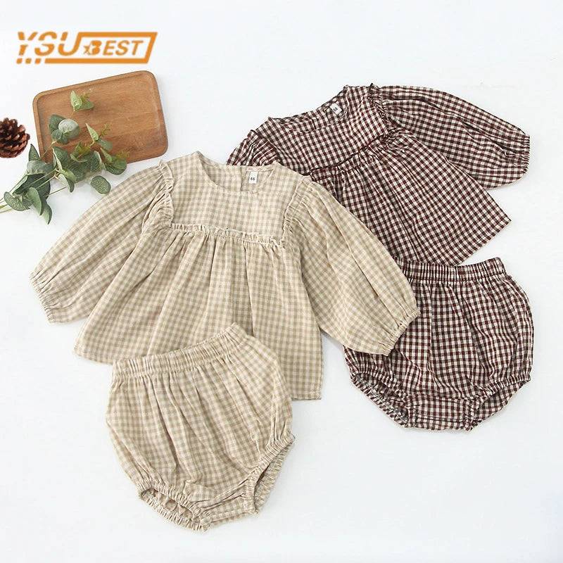 Infant Baby Boys Girls Clothes Set Spring Autumn Kids Baby Boys Girls Long Sleeve Grid T-shirt + Shorts 2pcs Toddler Clothes
