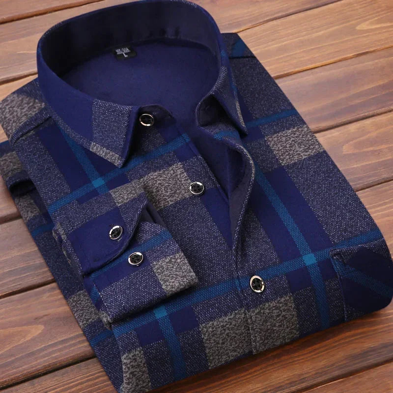 New 2025 Men's Thick Long Sleeve Shirts Fashion Casual Business Versatile Shirts Tops Men Plaid Striped Warm Shirts Camisas Male