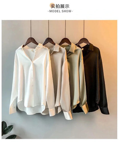 Spring Fashion Button Satin Silk Shirt Hong Kong Style Retro Shirt Women's White Top Women's Long sleeved Women's Loose Street