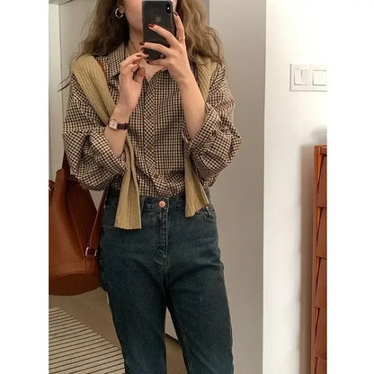 Plaid Shirts Women Retro Turn-down Collar Blouses All-match Straight Hong Kong Style Button Up Elegant Long Sleeve Outwear Femme