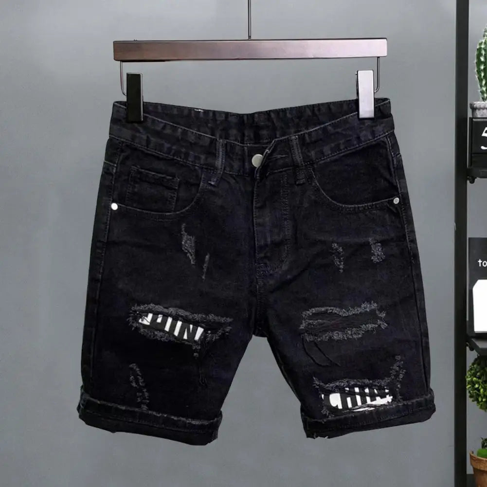 Summer Men Ripped Patchwork Denim Shorts Straight Button Zipper Pockets Shorts Knee-Length Denim Short Pants