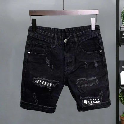 Summer Men Ripped Patchwork Denim Shorts Straight Button Zipper Pockets Shorts Knee-Length Denim Short Pants
