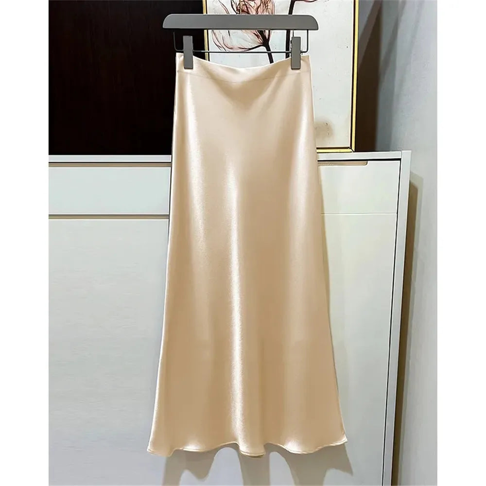2025 Black Satin Skirt Women High Waist Elegant Long Skirts Street Fashion Summer Midi Skirt Office Slim Sexy Vintage Skirts