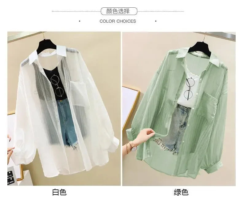 Shirts Women Sheer Thin Chic Summer Simple Solid Sun-proof Temper Fashion Baggy All-match Basic Korean Style Clothes