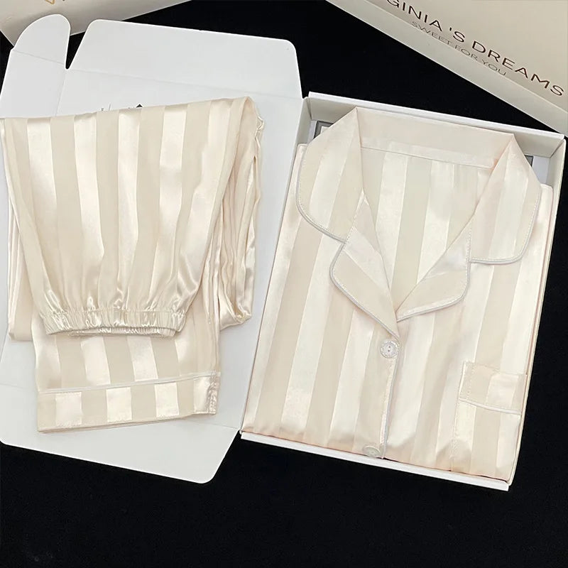 Women's Pajamas Sets Spring Autumn 2 Piece Striped Pajama Faux Silk Satin Sleepwear Long Sleeve Button Pajama Mujer Pjs Home wear