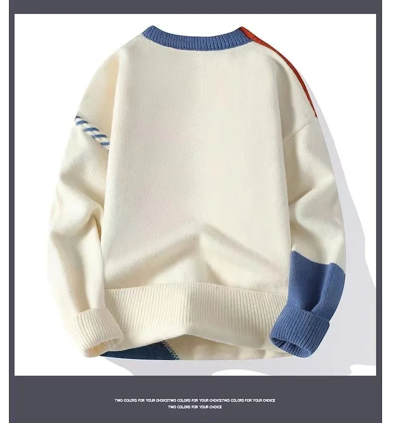 2025 Autumn Winter Men's Sweater Korean Fashion Men Clothing Patchwork Sweater Men Trend Streetwear Pullover O-Neck Sweaters Men