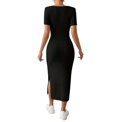 Solid Color Square Neckline Dress Elegant Square Neck Knitted Midi Dress for Women Solid Color Party Commute Dress with Short