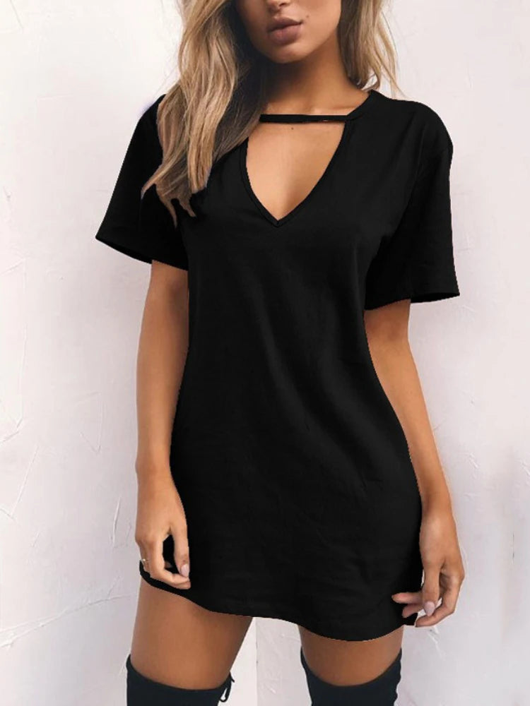 Summer Sexy Mini Black Dress 2025 V Neck Cut Out Loose Dress Women Elegant Short Sleeve Club Party Dress Solid Color Streetwear