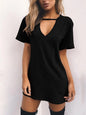 Summer Sexy Mini Black Dress 2025 V Neck Cut Out Loose Dress Women Elegant Short Sleeve Club Party Dress Solid Color Streetwear