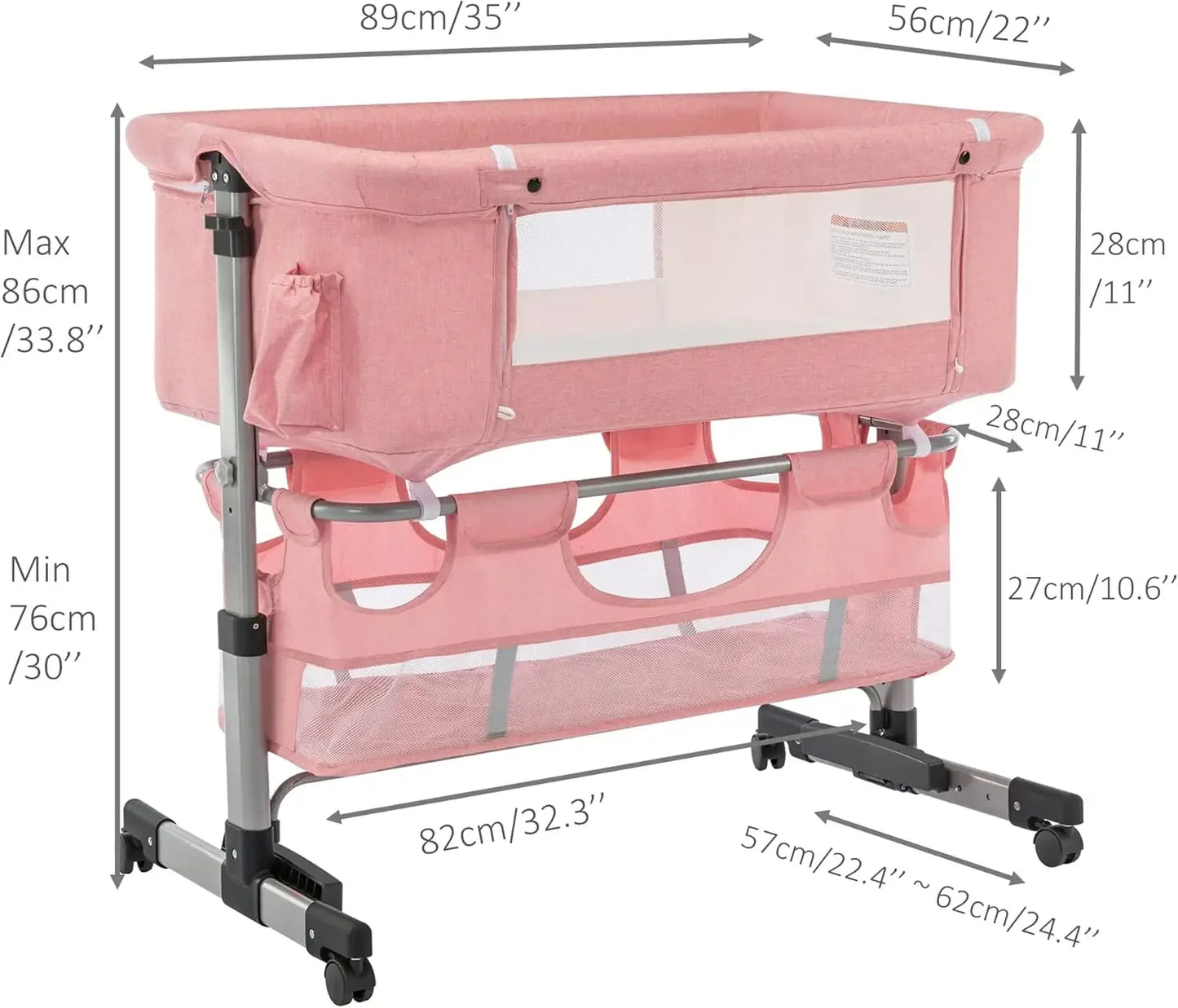 Baby Bassinet, Bedside Sleeper with Wheels, Height Adjustable, for Infant/Baby/Newborn Girls & Boys 0-6 Months, Pink