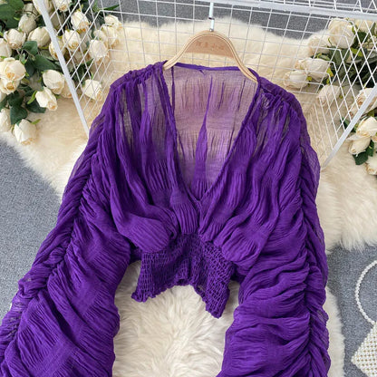 Women Sexy Chiffon Short Blouse Female See Through Super Long Sleeve Purple/Green/Black/White Folds Party Tops 2025 New