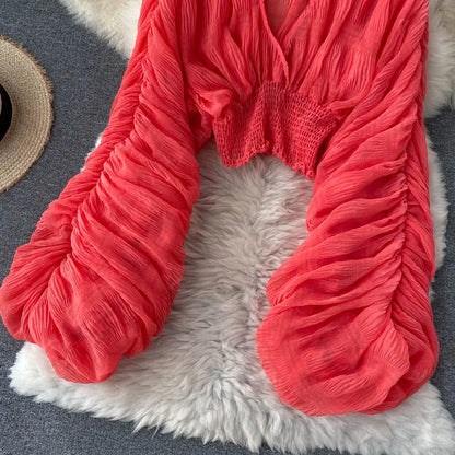 Women Sexy Chiffon Short Blouse Female See Through Super Long Sleeve Purple/Green/Black/White Folds Party Tops 2025 New