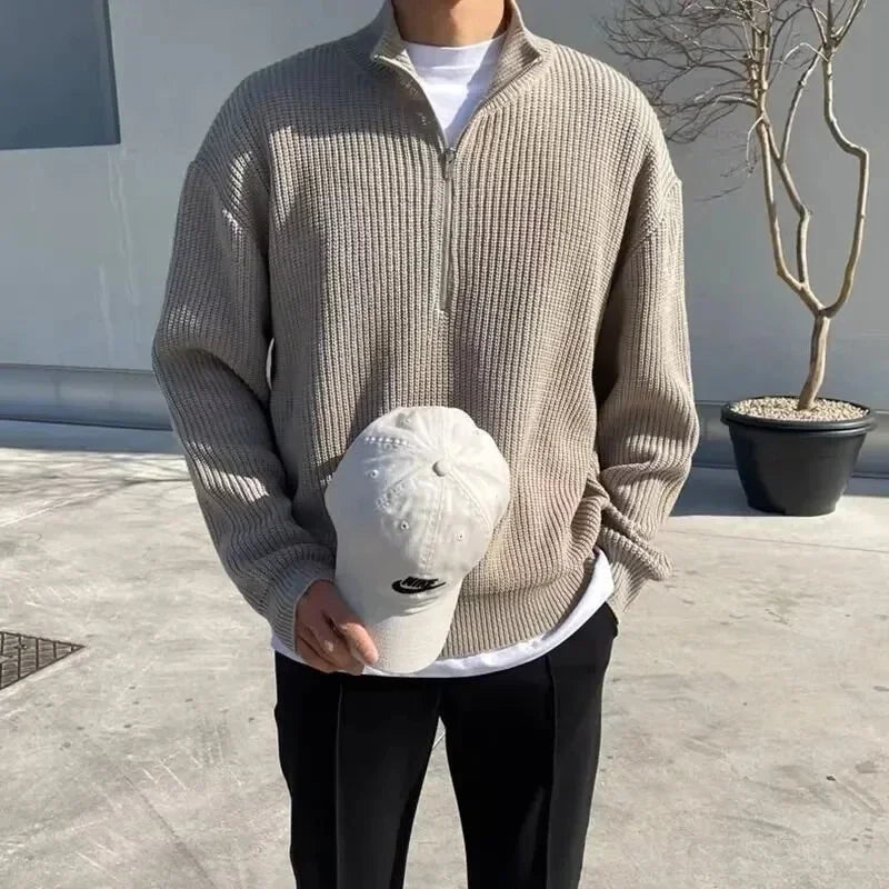 2025 Spring Autumn Men New Fashion Men Loose Half-high Collar Zipper Pullover Knitted Sweater Jacket  All-match Clothing