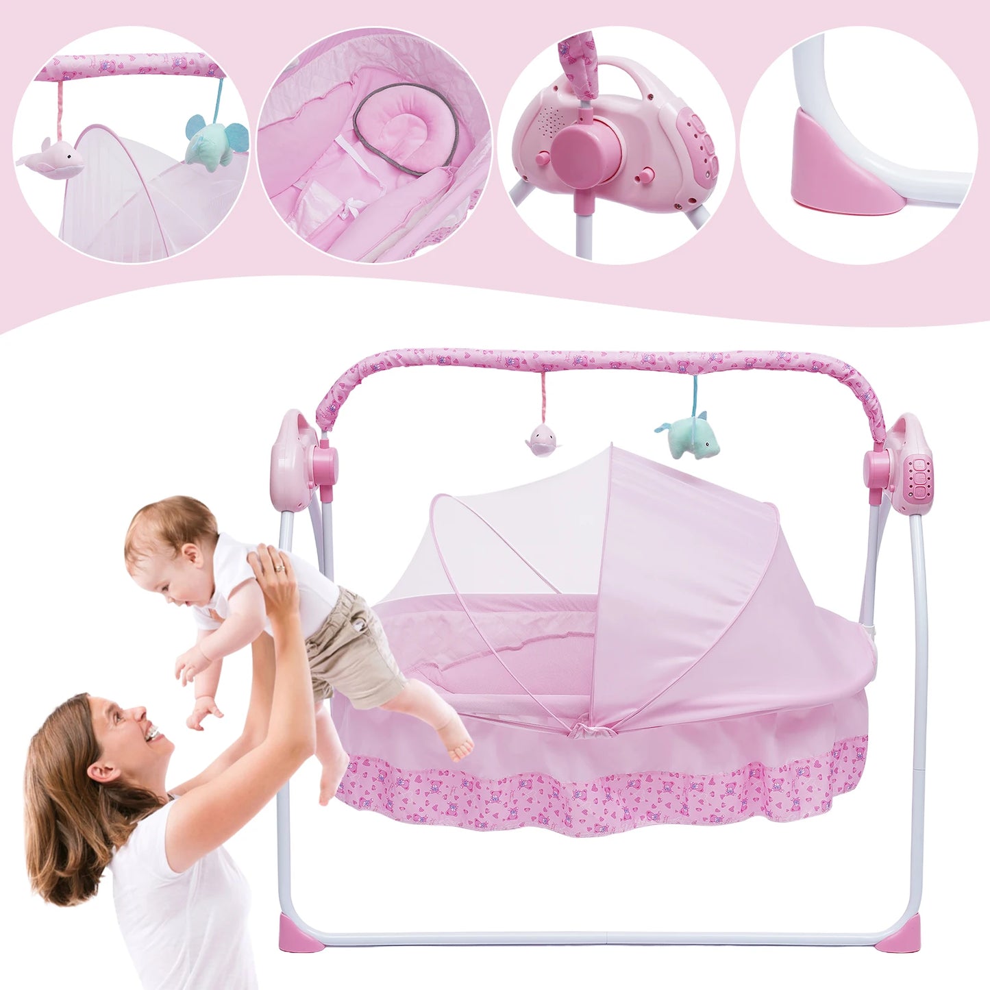 5 Gears Electric Auto-Swing Baby Crib Cradle Sleep Bed Infant Rocker + Net Music Bluetooth Music Adjustable+ Mat