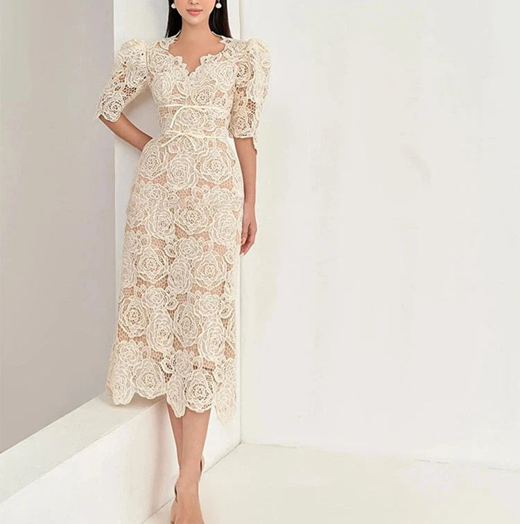 Queen Summer Dresses Korean Retro High Waist Vestidos Elegant Fashion Slim Midi Hollow Out Office Party Casual Lace Dress