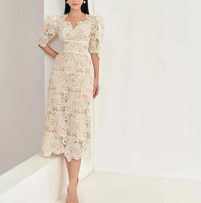 Queen Summer Dresses Korean Retro High Waist Vestidos Elegant Fashion Slim Midi Hollow Out Office Party Casual Lace Dress