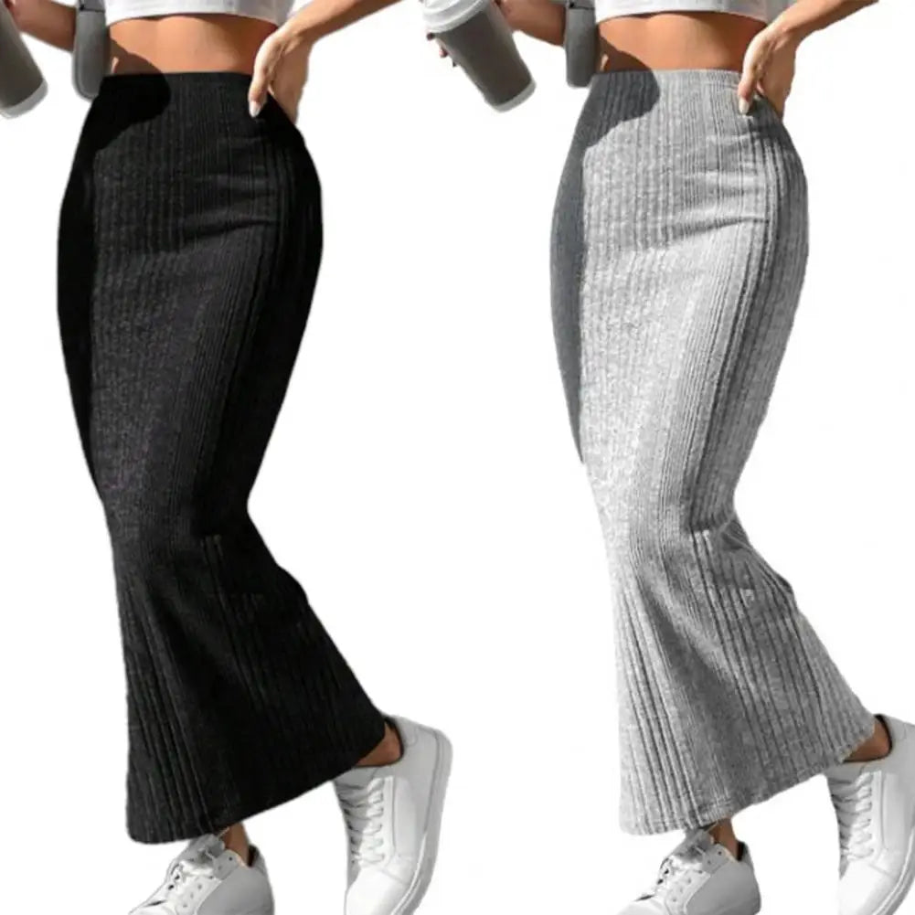 Solid Bodycon Ruched Knitted Long Skirt Women Sexy Black Elastic Elegant High Waist Mermaid Sheath Maxi Skirts Summer Streetwear