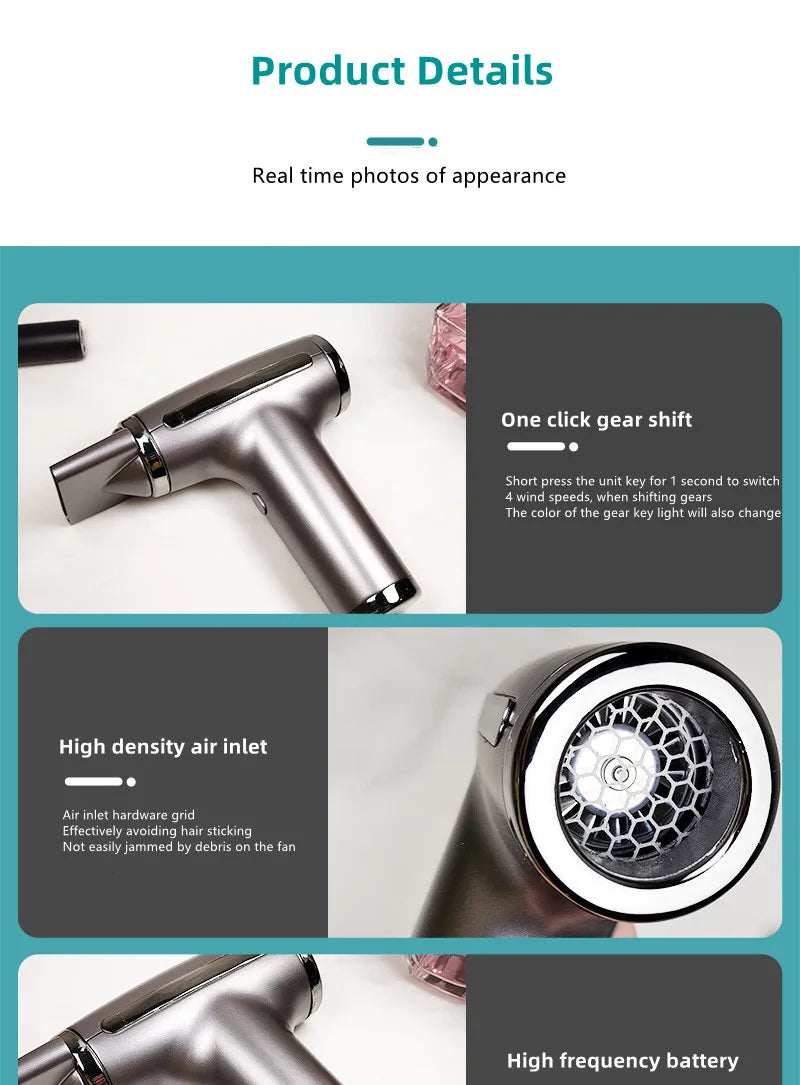 Wireless Hair Dryer Multifunctional  Air Duster Blower Travel Portable USB Rechargeable Negative Ions Blow Dryer