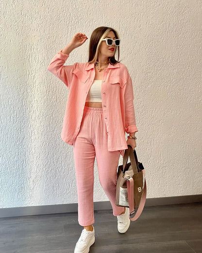 Summer outfits for women 2025 New Loose Button Long Sleeve Shirt and Cropped Pants Casual Sports Summer women's suit Pants Set