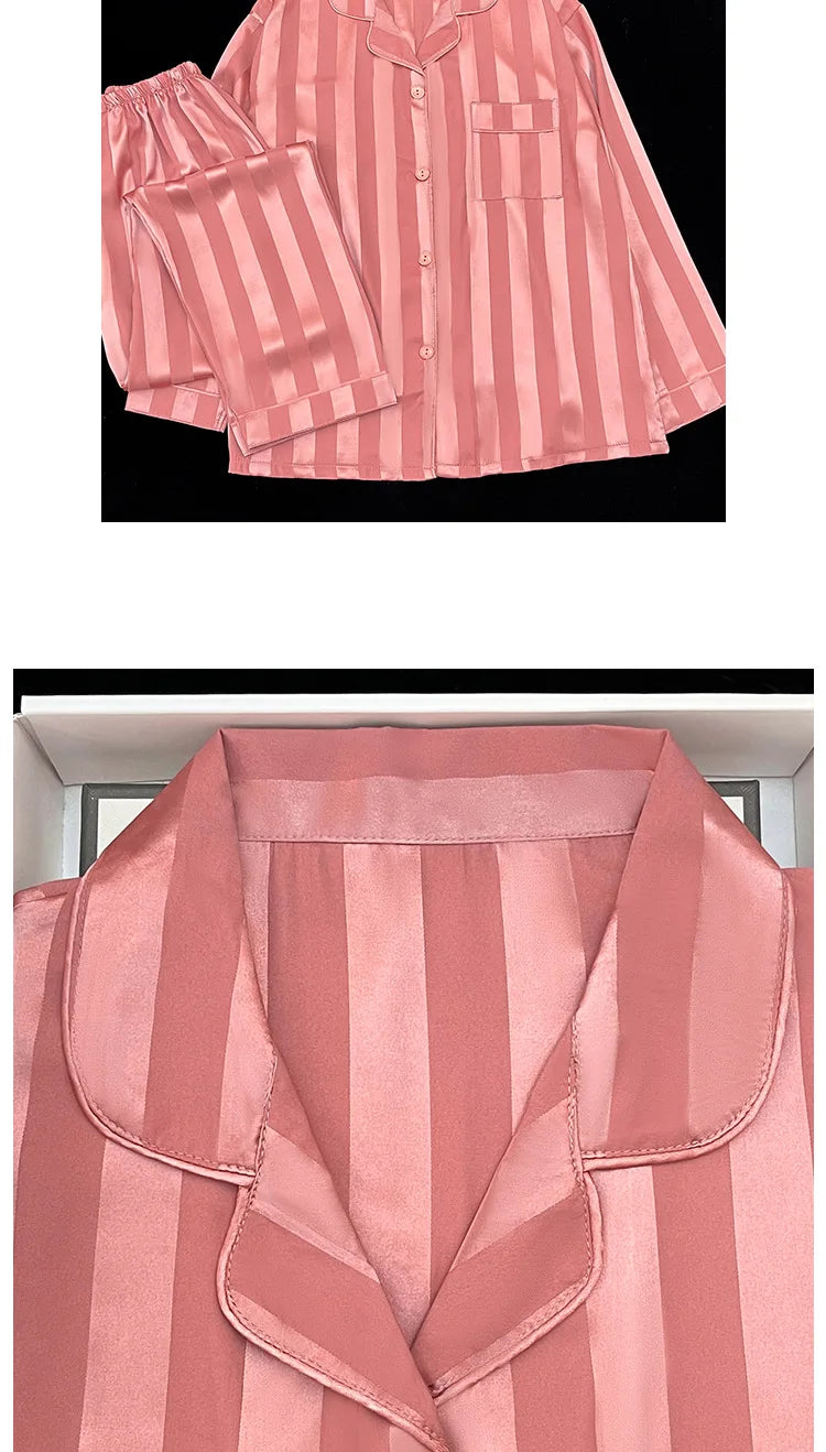 Women's Pajamas Sets Spring Autumn 2 Piece Striped Pajama Faux Silk Satin Sleepwear Long Sleeve Button Pajama Mujer Pjs Home wear