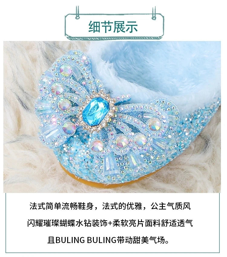 Disney Autumn Fashion Pearl Bow Rhinestone Frozen Elsa Princess Girl Shoes Flat Kids Princess Warm Winter Shoes Size 23-36
