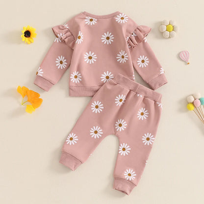 2025 Lorrainian Toddler Girl Fall Outfit Daisy Print Long Sleeve Sweatshirt with Elastic Waist Pants 2 Pcs Set
