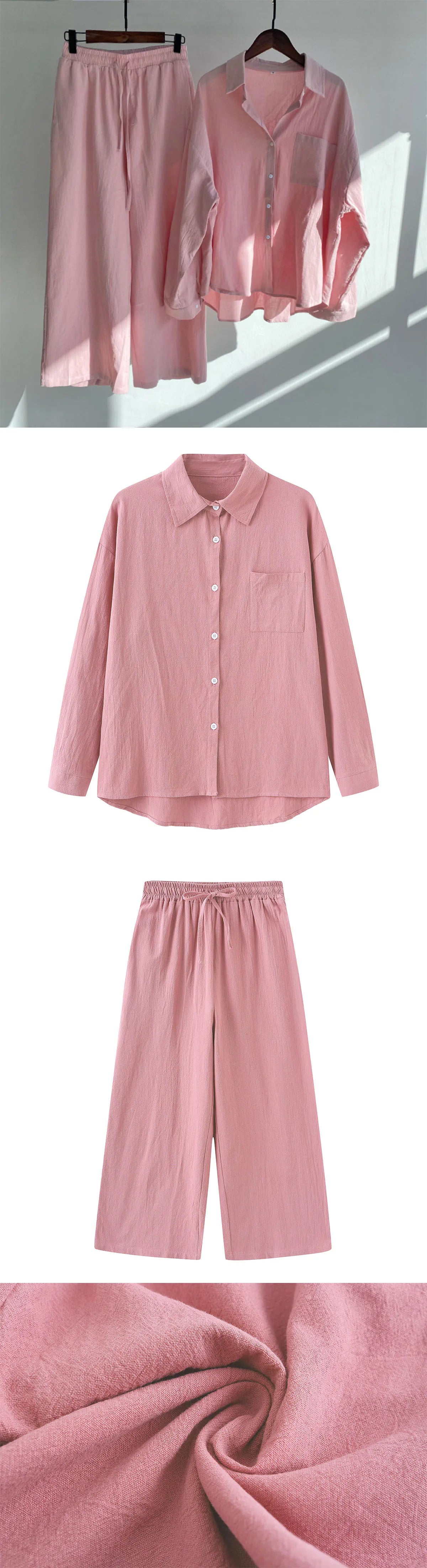 Loose Solid Color Cardigan Shirt Wide Leg Pants Women's 2-piece Set Of Retro Cotton Linen Shirt High Waist Long Pants Set Outfit