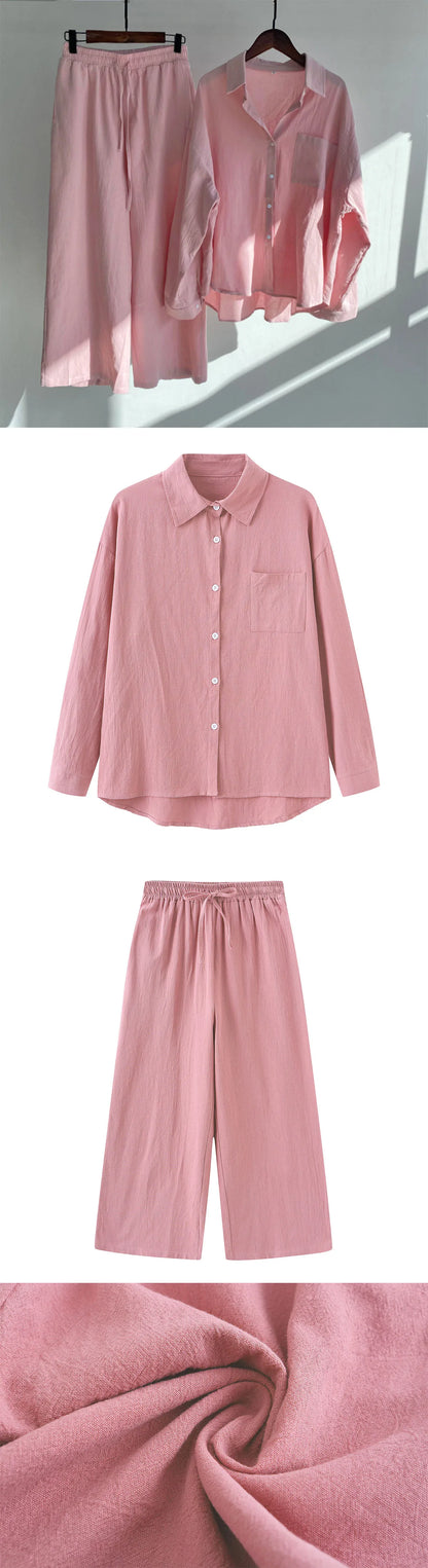 Loose Solid Color Cardigan Shirt Wide Leg Pants Women's 2-piece Set Of Retro Cotton Linen Shirt High Waist Long Pants Set Outfit