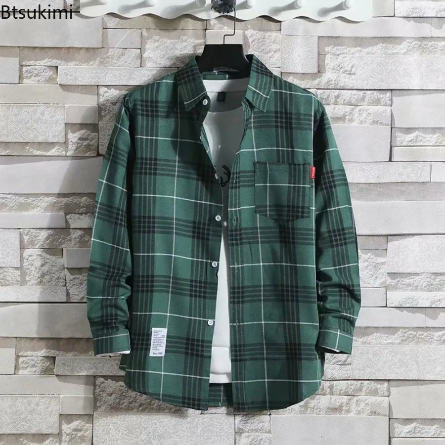 Spring New Korean Style Plaid Shirts Men's Handsome Long-sleeved Loose Casual All-matching Shirt Coats 2025 Trend Men's Clothing