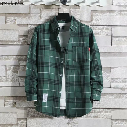 Spring New Korean Style Plaid Shirts Men's Handsome Long-sleeved Loose Casual All-matching Shirt Coats 2025 Trend Men's Clothing