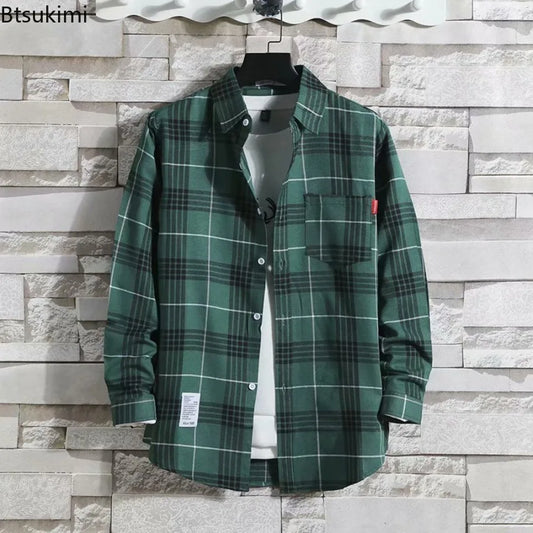 Spring New Korean Style Plaid Shirts Men's Handsome Long-sleeved Loose Casual All-matching Shirt Coats 2025 Trend Men's Clothing