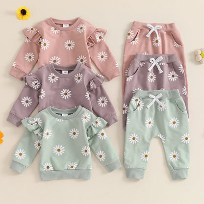2025 Lorrainian Toddler Girl Fall Outfit Daisy Print Long Sleeve Sweatshirt with Elastic Waist Pants 2 Pcs Set