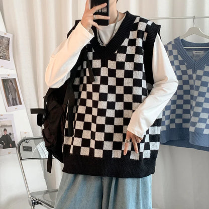 Men Knitted V Neck Japanese Vintage Loose Sleeveless Plaid Vests Chic Pullovers Chaleco Hombre Blue Checkerboard Sweater Vest