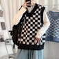 Men Knitted V Neck Japanese Vintage Loose Sleeveless Plaid Vests Chic Pullovers Chaleco Hombre Blue Checkerboard Sweater Vest