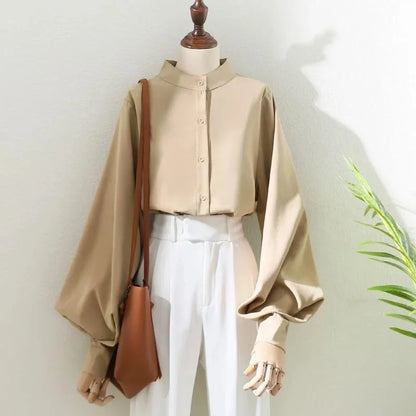 Woman Spring Autumn Style Blouses Shirt Lady Long Lantern Sleeve Stand Collar Loose Blouse Tops