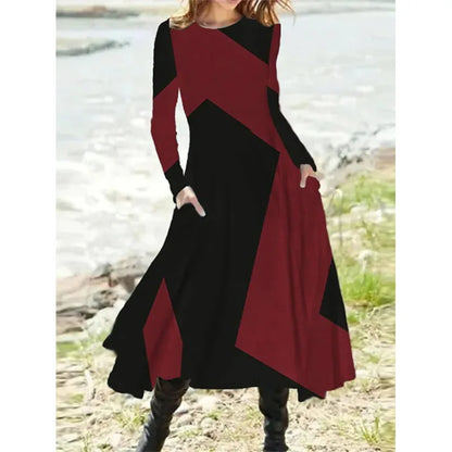 New 2025 Women's Casual Elegant Party Dress Contrast Color Ladies Spring Autumn Loose Long Sleeve Dress with Pockets Midi Dress