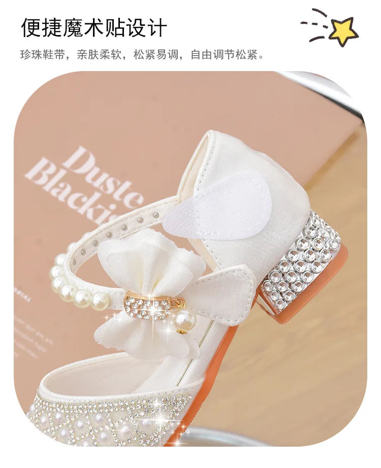 Rhine stones Princess Party Shoes Shiny Crystal Bow White Children High Heels Girls Sandals Summer Kids Student Performance Shoes
