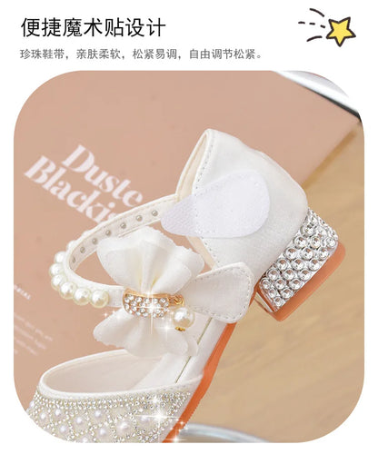 Rhine stones Princess Party Shoes Shiny Crystal Bow White Children High Heels Girls Sandals Summer Kids Student Performance Shoes