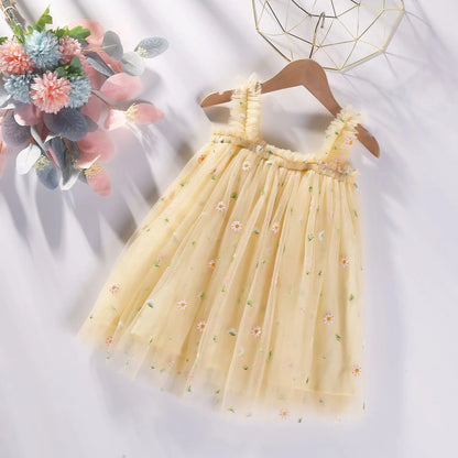2025 New Baby Girl Clothes Multi Coloured Embroidered Floral Mesh Camisole Cute Baby Girl Dress Party Princess Fluffy Dresses