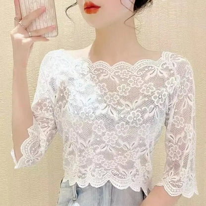 Women Lace Tops Summer Cropped Tops One-word Collar Half Sleeve Blouse Floral Plaid Sheer Sexy Top Embroidery Lace Pullover Tops
