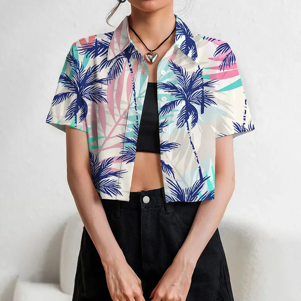 Women's Lapel Button Tank Tops Shirts Summer Casual Short Sleeve Shirts 3D Cherry Printed Women's Clothing Navel Exposed Shirts