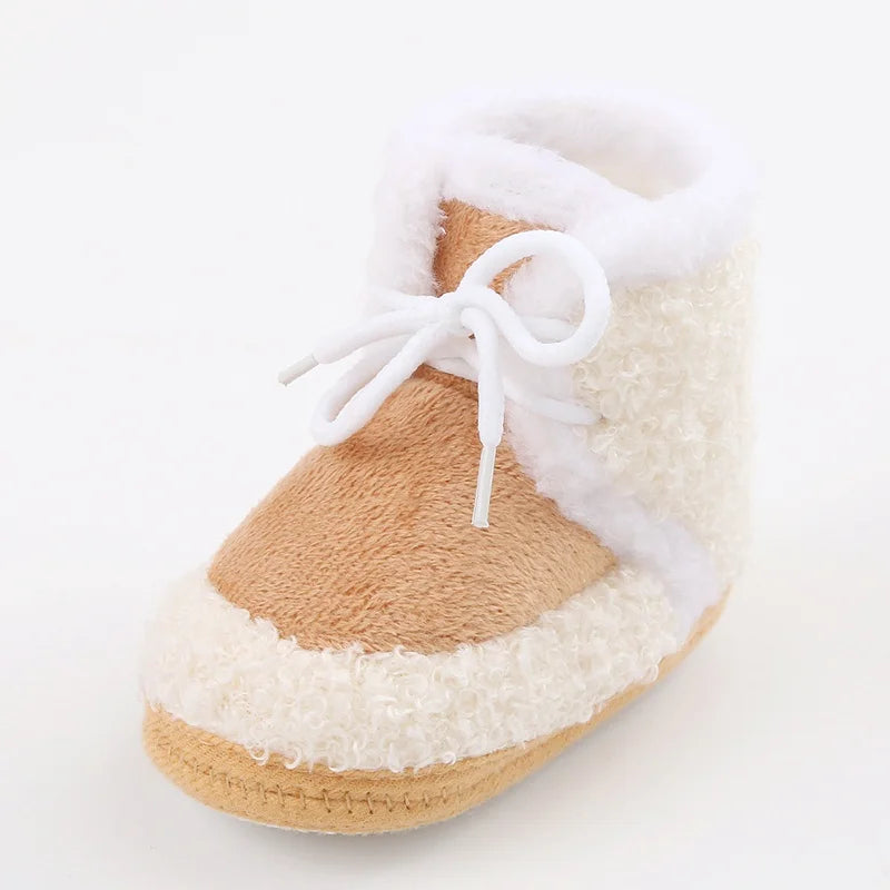 Korean Style Patchwork Plush Baby Shoes - Soft Sole, Cotton Padded, Lace-up Snow Boots for Adorable Boys and Girls 0-18M