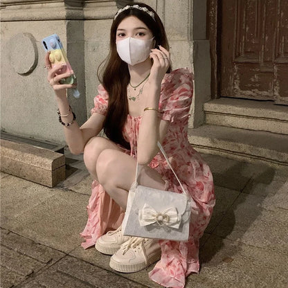 Short Sleeve French Elegant Dress Beach Floral One Piece Beach Midi Dress