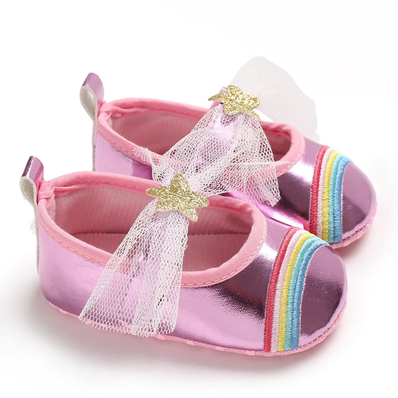 Cute 0-18M Spring Newborn Silver Baby Shoes Non Slip Cloth Bottom Girl Shoes Elegant Breathable Casual Baby First Walking Shoes